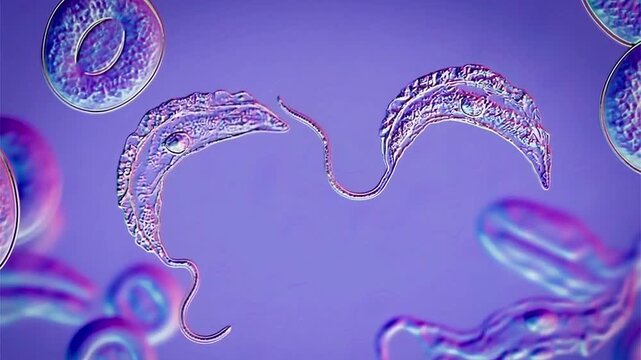 Trypanosoma brucei, 3D animation. Protozoan parasite causing African trypanosomiasis, or sleeping sickness, a tsetse fly transmitted disease affecting blood, lymph and the central nervous system.