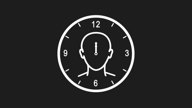 White line human head icon inside a clock dial with rotating hands. Shows internal body timing. For sleep science and mental health media, transparent background