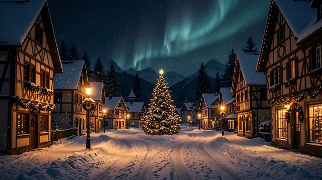 Magical winter town scene with christmas tree and northern lights display