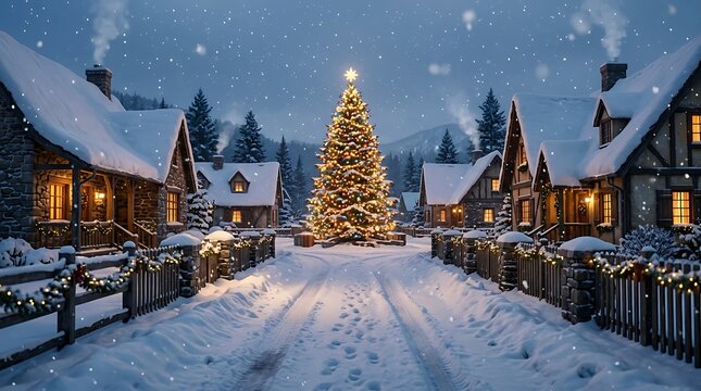 Snowy european village illuminated with a festive christmas tree at dusk