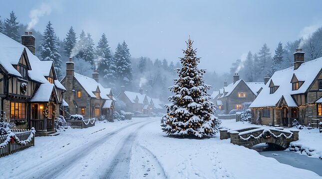 Snowy european village street with illuminated christmas tree and winter houses