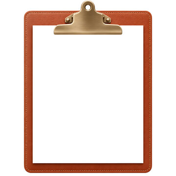 Professional brown leather clipboard with metallic clip isolated on transparent background