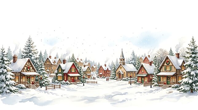 Charming winter village scene with snow covered buildings and evergreen trees