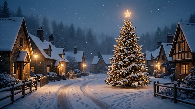 Snowy christmas village scene with illuminated tree and traditional houses