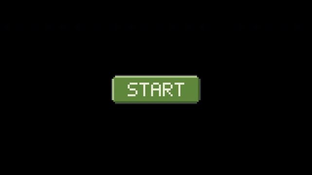 A green pixel art START button with custom geometric lettering and automatic tactile press motion in an eight second transparent loop.