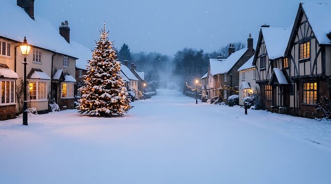 Snowy european village street illuminated by a festive christmas tree