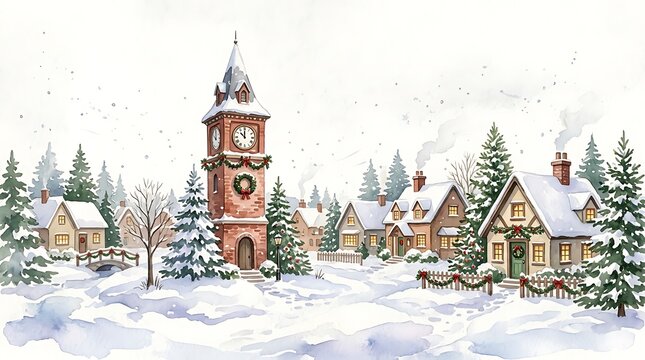 Charming winter village scene with snow covered buildings and tower