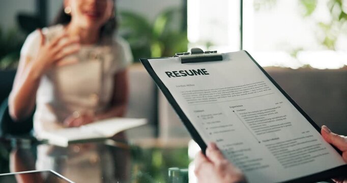 Office, meeting and manager with resume for interview, recruitment and questions for job opportunity. Human resources, talking and people with cv for hiring, candidate process and onboarding option