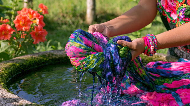 Hands wringing dyed fabric over stone vat as water drips from vivid cloth, with garden and orange flowers in background