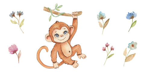 Cute hand drawn watercolor monkey - cute little baby monkey hanging from branch, brown character. Hand-drawn illustration for nursery, baby shower, children card, safari animals collection. © NATALIA