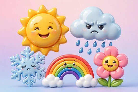 3D Weather Emoji Faces &ndash; Sun, Rain Cloud, Snowflake, Flower and Rainbow Cartoon Characters