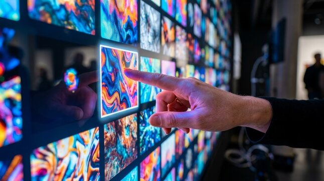 Hand touching interactive digital screen wall with colorful abstract thumbnails