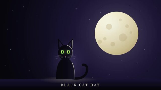 Animated Black Cat Day greeting card featuring a cute black cat with glowing green eyes sitting under a full moon at night