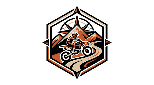 Vintage style emblem featuring a motocross rider on a dirt bike in mountains.