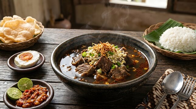 Traditional East Javanese rawon, tender beef chunks in rich black keluak broth, garnished with bean sprouts, green onions and fried shallots, served with rice, salted egg and sambal in a rustic bowl, 