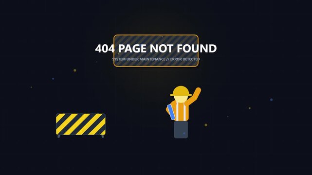 Minimalist 404 error vector motion graphic animation featuring a construction worker character with a blueprint and a warning barrier on a dark background for website maintenance