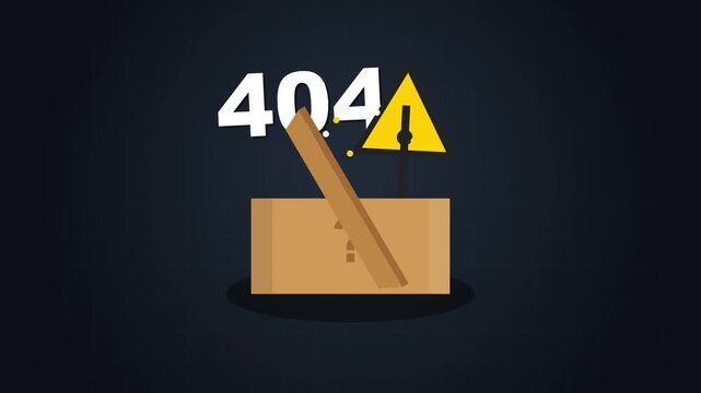 Abstract 404 Error Motion Graphic Animation Featuring a Cardboard Box with Question Mark and Warning Sign on Dark Background for Website Interface Design and Digital Concepts