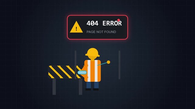 Minimalist 404 Error Motion Graphic Animation Featuring a Construction Worker Character with a Safety Vest and Warning Barrier on a Dark Grid Background for Website Maintenance