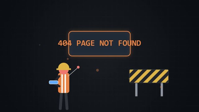 Minimalist 404 Error Motion Graphic Animation Featuring a Construction Worker Character with a Safety Vest and Warning Barrier on a Dark Grid Background for Website Maintenance Concepts