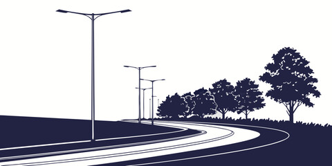 Dark blue silhouette of a winding highway road with tall street lamps and trees on a white background, a simple for travel themes © Nusrat
