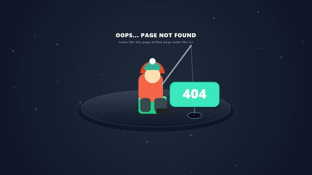 Minimalist 404 Error Motion Graphic Animation Featuring an Ice Fisherman Character with a Fishing Rod and 404 Sign on a Dark Background for Website Maintenance and Digital Design Concepts