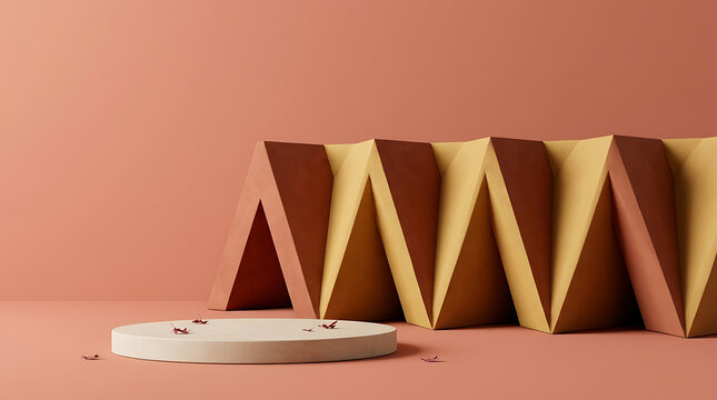 An abstract composition featuring a round beige display podium in the foreground, with a folded zig-zag wall structure in terracotta and yellow behind it, set against a muted pink background