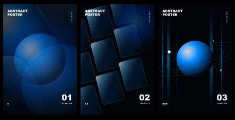Set of abstract posters featuring blue gradient spheres, glassmorphism cards, and planetary rings © Shafiul Muttaqin 