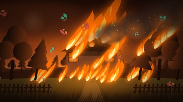 2D vector animation of a suburban house catching fire during a severe windstorm with flying leaves and embers, representing wildfire destruction and insurance claims.