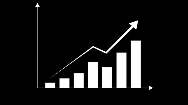 Bar chart animation displays an upward rising financial arrow across dark. Business revenue data routes on chart. Investment success drives active bar chart online.