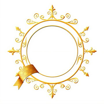 Golden ornate  frame with ribbon isolated PNG, decorative, WHITE BACKGROUND 