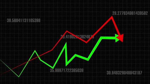Financial trends animation displays directional arrows over a digital grid. Market trading analytics data routes on trends. Consoles use financial trends online.