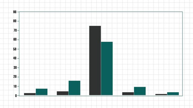Bar chart animation displays dual comparative columns across a matrix grid. Business revenue data routes on chart. Financial evaluation consoles use bar chart online.