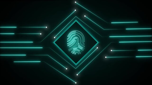 Fingerprint scanner animation operates over an electronic circuit board grid. Identity authentication data routes on scanner. Defense consoles use active scanner.