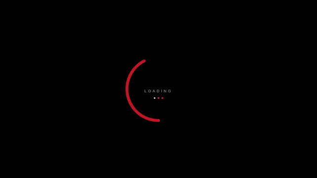 A red quarter-circle arc rotates and changes length around a loading label and three sequential dots on transparent background in an eight second loop.