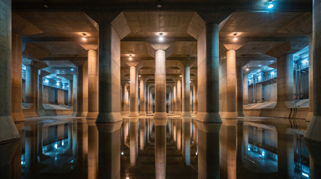Flood defense system protects underground water facility, where concrete columns and blue lights reflect across still reservoir vast architectural.