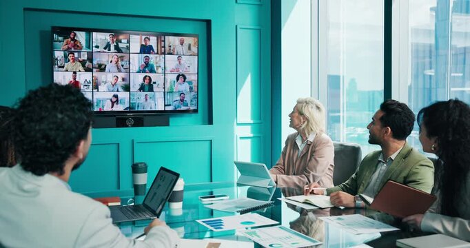 Screen, conference call and business people in meeting at office, introduction or financial analysis. Team, virtual discussion or webinar with happy workers for welcome, investment chart or planning