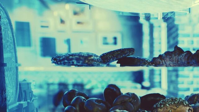 Baked treats rest on clear glass trays inside a bright bakery storefront as daylight illuminates the room where fresh bread and sweet goods are kept for customers in a clean and organized display area