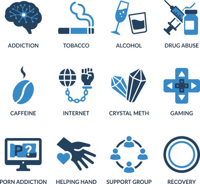 Addiction and recovery icons set, flat blue vector collection for substance abuse, mental health support group infographics