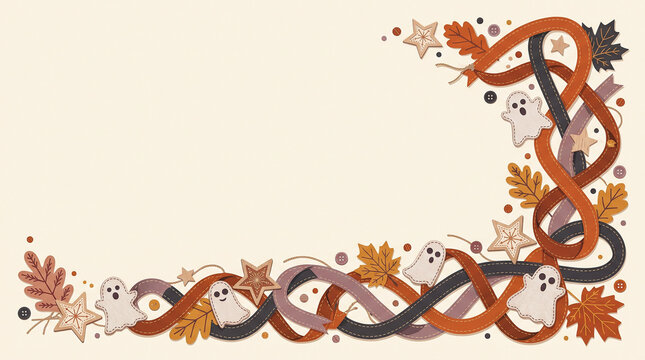 Handmade felt ghost and pumpkin autumn border frame with copy space