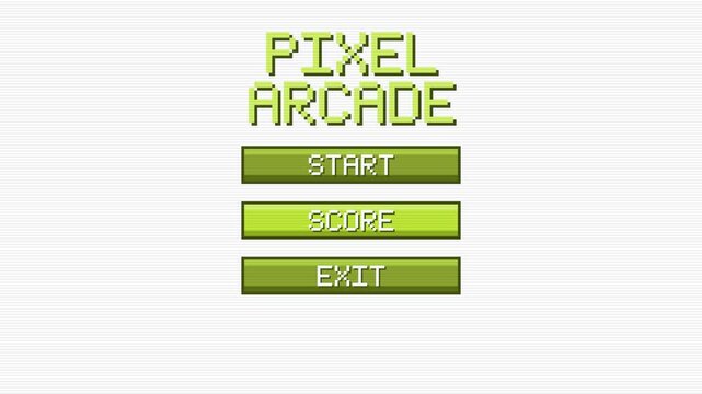 Pixelated arcade game menu with start, score, and exit options