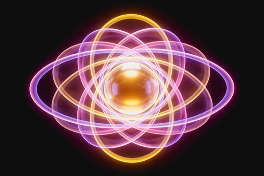 A stylized illustration of an atom showing glowing orbital electrons surrounding a central nucleus, representing atomic structure and quantum physics.