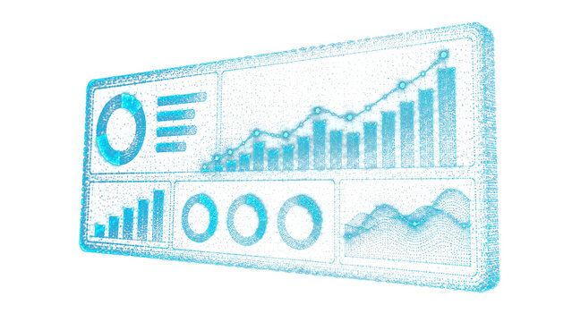 Futuristic digital business dashboard glowing with charts and financial graphs rendered in neon blue color on transparent background