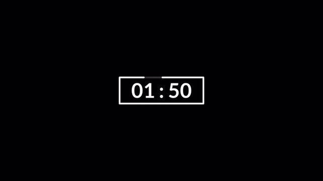 2 Minute Countdown Digital Timer Animation,  two minute Countdown Timer Animation from 2 minute to 0 second on black background.