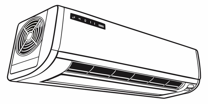 Black and white line of a ceiling mounted air conditioning unit with a side fan and detailed vents on a white background