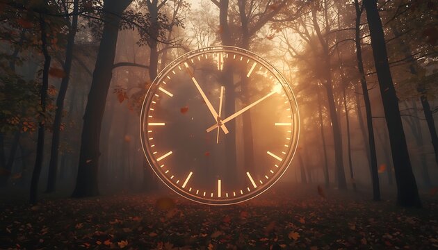 Glowing clock face standing in middle of autumn forest during daylight with sunlight mystical landscape environment outdoors atmosphere tranquil peaceful conceptual