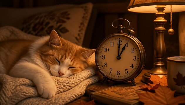 Ginger cat sleeping peacefully on cozy blanket next to alarm clock and lamp with orange domestic illumination interior relaxing furniture whiskers peaceful nighttime