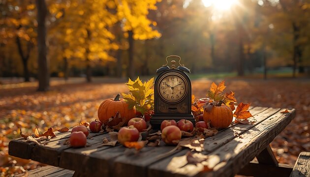 Vintage alarm clock surrounded by pumpkins and autumn leaves on wooden table with sunlight daylight outdoors seasonal halloween thanksgiving decorations afternoon