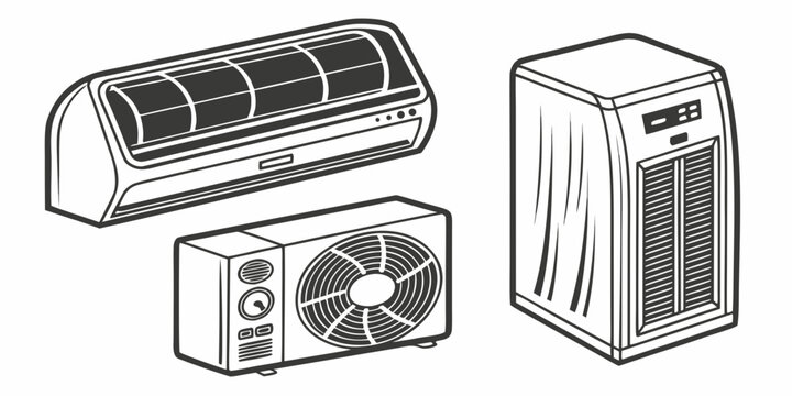 Black and white line of air conditioning equipment including a wall mounted indoor unit and a portable floor cooling machine