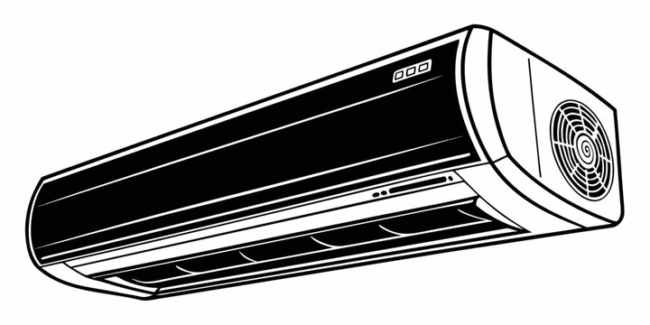 Black and white of a ceiling mounted air conditioning unit featuring a dark front panel and a side fan on a white background