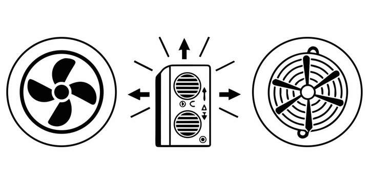Black and white line showing a central air conditioning unit with directional arrows between two circular industrial fan icons
